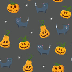 Halloween seamless pattern design. Cute cartoon elements, holiday background, vector illustration