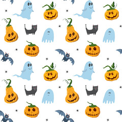 Naklejka premium Halloween seamless pattern design. Cute cartoon elements, holiday background, vector illustration