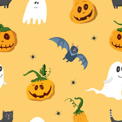 Halloween seamless pattern design. Cute cartoon elements, holiday background, vector illustration