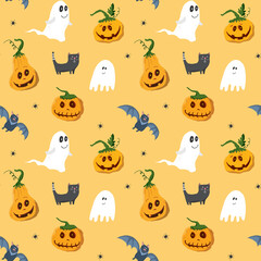 Halloween seamless pattern design. Cute cartoon elements, holiday background, vector illustration