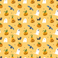 Halloween seamless pattern design. Cute cartoon elements, holiday background, vector illustration