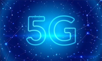 5G technology digital background. Blue abstract high tech backdrop for network, internet communication, smart data. Horizontal vector concept