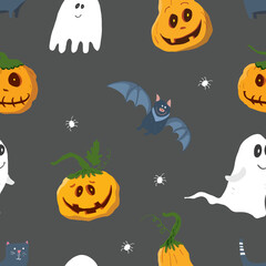 Halloween seamless pattern design. Cute cartoon elements, holiday background, vector illustration