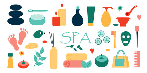 Relaxing spa set. Accessories for spa items and care for the sub. Flat illustration.