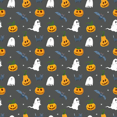 Halloween seamless pattern design. Cute cartoon elements, holiday background, vector illustration