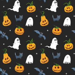Halloween seamless pattern design. Cute cartoon elements, holiday background, vector illustration