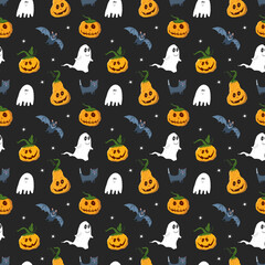 Halloween seamless pattern design. Cute cartoon elements, holiday background, vector illustration
