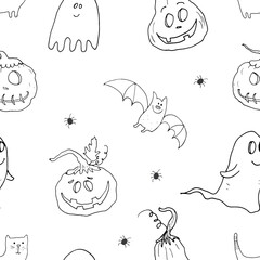 Halloween seamless pattern design. Cute cartoon elements, holiday background, vector illustration