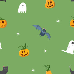 Obraz na płótnie Canvas Halloween seamless pattern design. Cute cartoon elements, holiday background, vector illustration