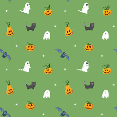 Halloween seamless pattern design. Cute cartoon elements, holiday background, vector illustration