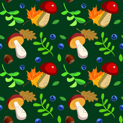 pattern on a dark background with mushrooms and berries