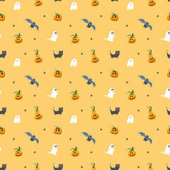 Halloween seamless pattern design. Cute cartoon elements, holiday background, vector illustration