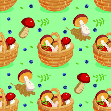 pattern with baskets, mushrooms, berries, forest theme