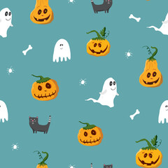 Halloween seamless pattern design. Cute cartoon elements, holiday background, vector illustration