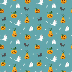 Halloween seamless pattern design. Cute cartoon elements, holiday background, vector illustration
