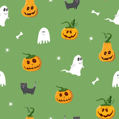 Halloween seamless pattern design. Cute cartoon elements, holiday background, vector illustration