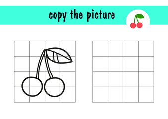 Children s mini game on paper. Draw the cherry by repeating the example on the right. Copy the fruit picture using grid lines, simple toddler game with easy level of play, drawing for kids.