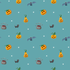 Fototapeta na wymiar Halloween seamless pattern design. Cute cartoon elements, holiday background, vector illustration