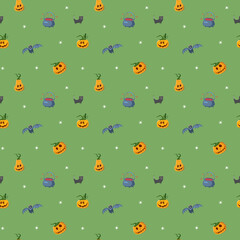 Halloween seamless pattern design. Cute cartoon elements, holiday background, vector illustration