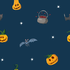 Halloween seamless pattern design. Cute cartoon elements, holiday background, vector illustration