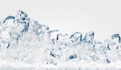 The heap of shiny natural ice cubes on a white background.