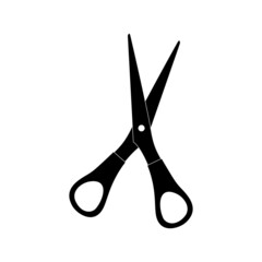 The icon of stationery sharp scissors with plastic handles is black on a white background.