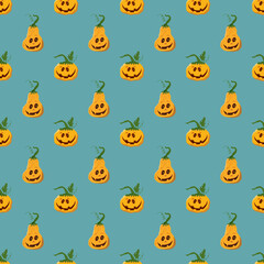 Halloween pumpkin seamless pattern. Cute cartoon pumpkins, holiday background design, vector illustration