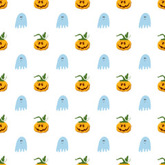 Halloween seamless pattern design. Cute cartoon pumpkin and ghost, holiday background, vector illustration