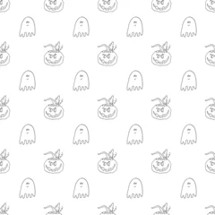 Gordijnen Halloween seamless pattern design. Cute cartoon pumpkin and ghost, holiday background, vector illustration © saint_antonio