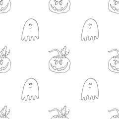 Halloween seamless pattern design. Cute cartoon pumpkin and ghost, holiday background, vector illustration
