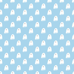 Cute ghost seamless pattern design. Halloween holiday, cartoon background, vector illustration