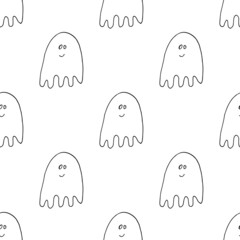 Cute ghost seamless pattern design. Halloween holiday, cartoon background, vector illustration