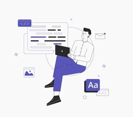 Man is working on ui ux design project. Programmer, sit on infographic and work on laptop. Freelancer working on web and application development on computers. Software developers.