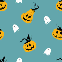 Halloween seamless pattern design. Cute cartoon pumpkin and ghost, holiday background, vector illustration
