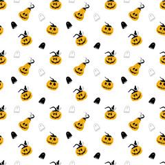 Halloween seamless pattern design. Cute cartoon pumpkin and ghost, holiday background, vector illustration