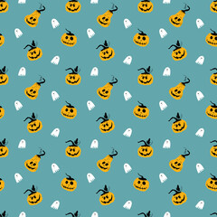 Halloween seamless pattern design. Cute cartoon pumpkin and ghost, holiday background, vector illustration