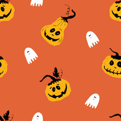 Halloween seamless pattern design. Cute cartoon pumpkin and ghost, holiday background, vector illustration