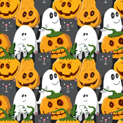 Naklejka premium Halloween seamless pattern design. Cute cartoon elements, holiday background, vector illustration