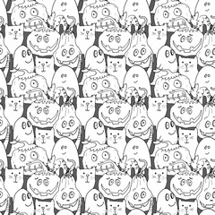 Halloween seamless pattern design. Cute cartoon elements, holiday background, vector illustration