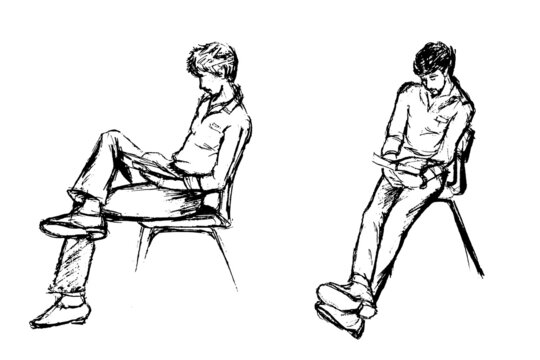 Vector set of two black and white sketches. A guy in clothes sits on a chair and reads.
