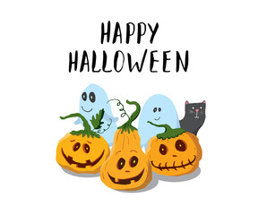 Halloween greeting card. Cute pumpkins and ghosts, party invitation or holiday banner design, vector illustration