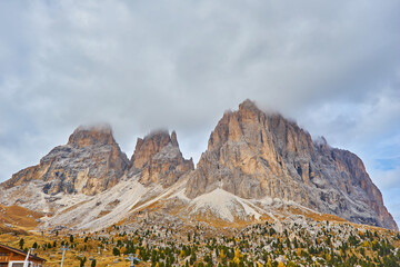 Splendid morning view from the top of Giau pass. Colorful autumn landscape in Dolomite Alps,...