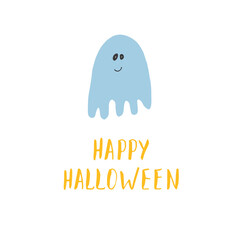 Halloween greeting card. Cute ghost, party invitation or holiday banner design, vector illustration