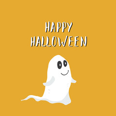 Halloween greeting card. Cute ghost, party invitation or holiday banner design, vector illustration