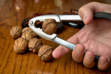Man's hand with a nutcracker and various walnuts on a wooden table