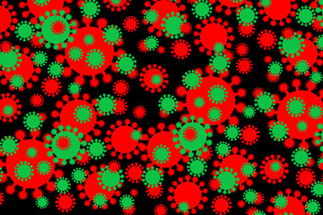 Coronavirus illistration red and green cells in different sizes on black backround