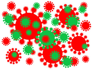 Coronavirus illistration red and green cells in different sizes on white backround