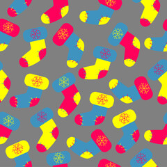 Seamless pattern of multicolored stockings on a gray background. Vector image of a sock for a Christmas gift. Flat vector illustration. Simple design for the Internet and printing. Christmas Badge