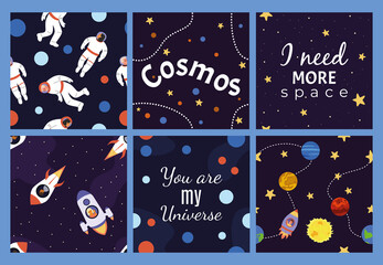 Set of posters with astronauts and cosmonauts, stars and planets, rockets and galaxy.  Vector illustration.  Print, parterre, lettering, wallpaper.