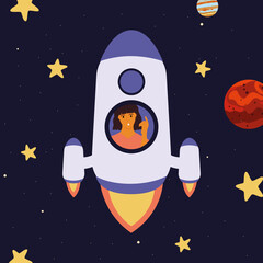 A rocket in space with an astronaut flies near Mars and Jupiter.  Galaxy, science, universe, education, technology.  Vector illustration and games for children, textiles, wallpaper.